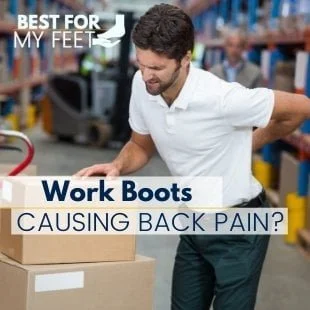 a warehouse worker having a back pain due to standing too long on his feet wearing work boots
