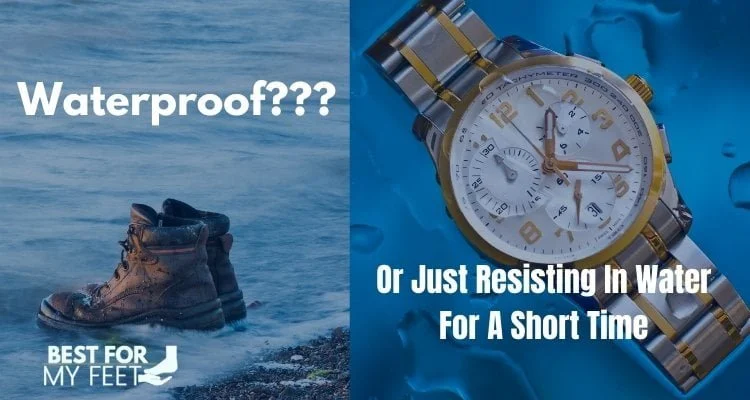 a pair of waterproof work boots inside the water and a watch represinting how much these work can stay in water