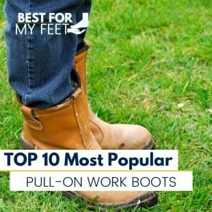 a person standing in the grass wearing a pair of great pull on work boots