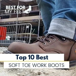 a person wearing one of the best soft toe work boots which is the timberland pro pit boss