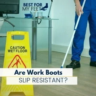a person cleaning the floor with a mop and water showing its slip resistant work boots