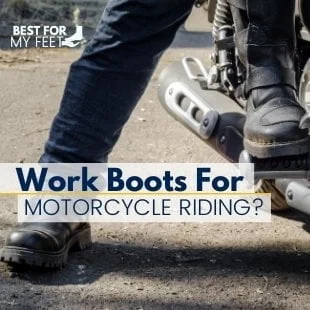 in the image we have two motorcycle riders on a motorbike being the featured image for the are work boots good for motorcycle riding article for bestformyfeet.com