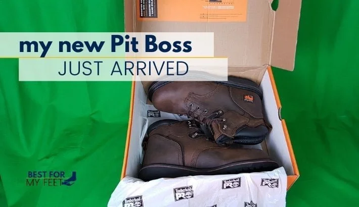 an image of the timberland pro pit boss work boots inside the box just received by the owner who's making a review of them on this wesbite