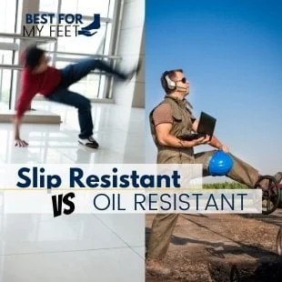 two different workers in twoi different scenarios, one could slip on the floor and the other can stain his feet with oil picturing the difference between the two