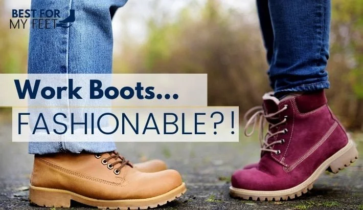 two people, a couple wearing some nice and fashionable work boots out side in the park 