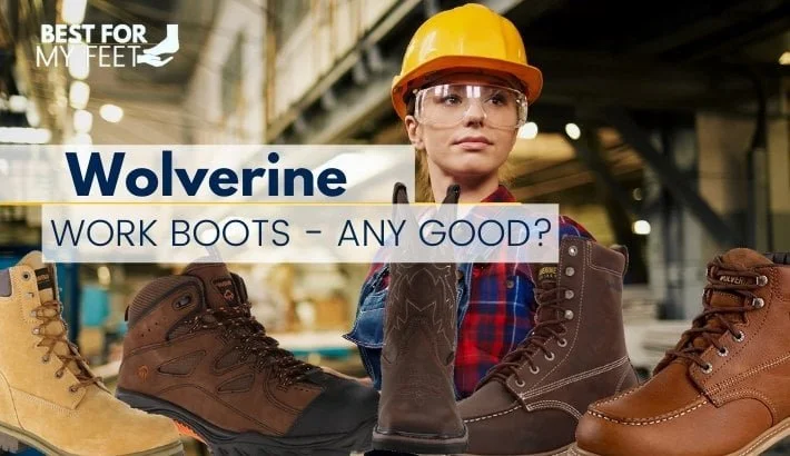 a worker in the background witha few pair of work boots from wolverine