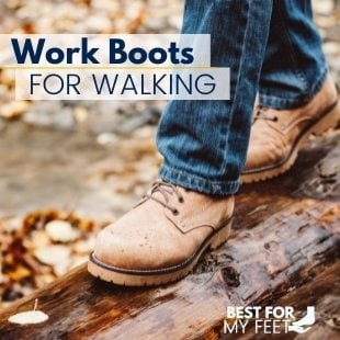 a person walking in the park wearing a pair of working boots