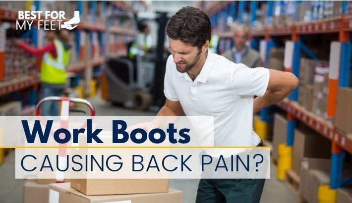 a warehouse worker having a back pain due to standing too long on his feet wearing work boots