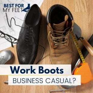 a pair of work boots next to a pair of social shoes showing both in a office environment