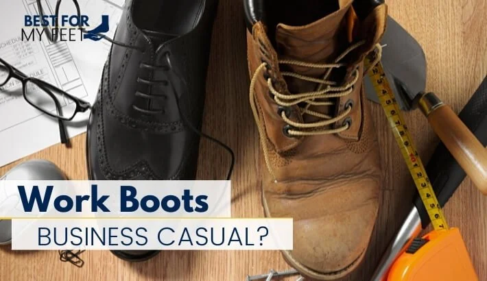 a pair of work boots next to a pair of social shoes showing both in a office environment