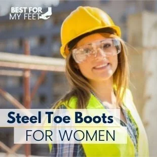 a construction lady wearing her safety helmet and other protective gear such as hi vis and womens steel toe work boots