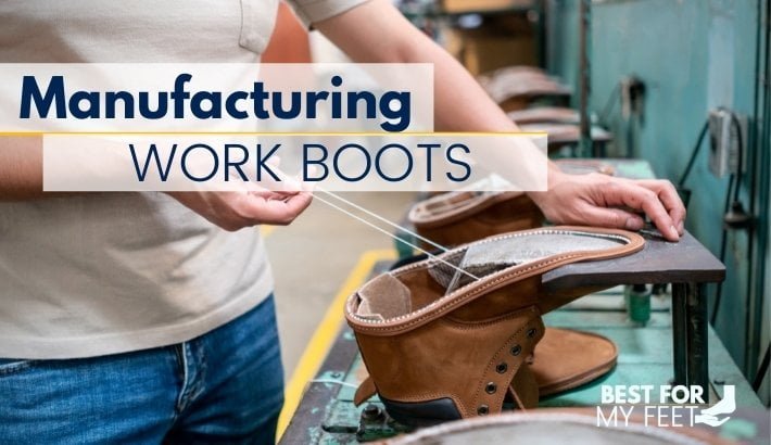 a worker in a work boot factory manufacturing a pair of work boots