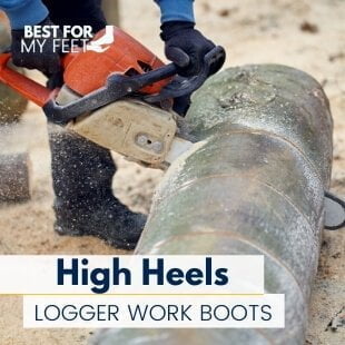 a logger wearing a pair of high heel logger work boots and cutting a tree