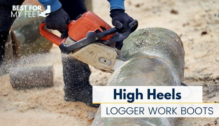 a logger wearing a pair of high heel logger work boots and cutting a tree