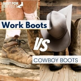 a person wearing a pair of work boots and another person wearing a pair of cowboys boots. this is mage is the featured image for the article "work boots versus cowboy boots"