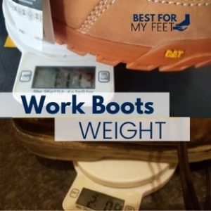 two pair of safety work boots on a scale showing how much they weigh