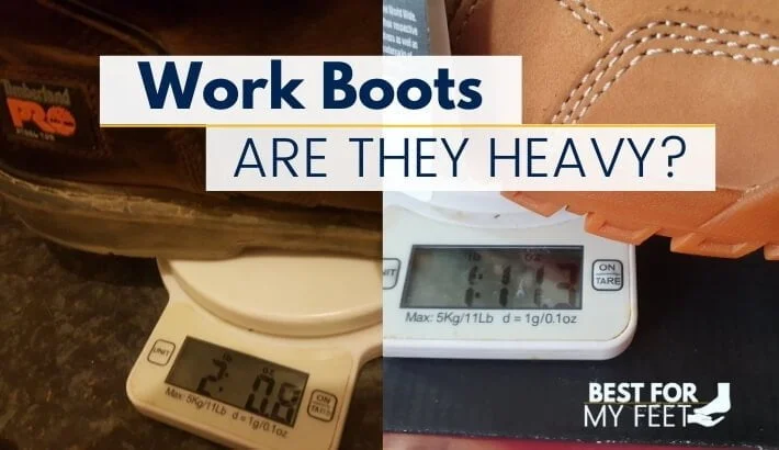 two pair of safety work boots on a scale showing how much they weigh