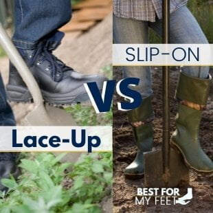 a man using a shovel to dig wearing a pair of lace up work boots and a women with a shovel using a pair of slip on work boots
