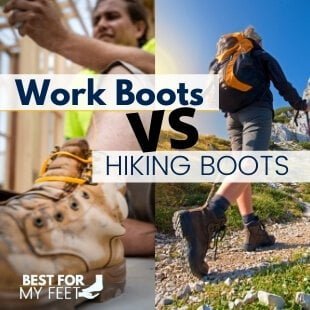 two people in two different scenarios. One wearing a pair of work boots and the other one wearing a pair of hiking boots