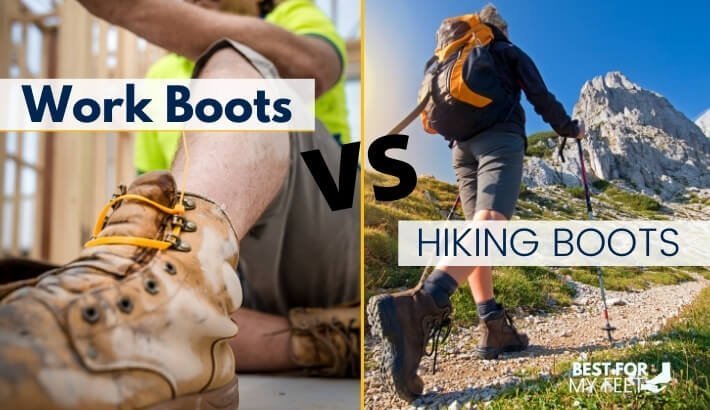 two people in two different scenarios. One wearing a pair of work boots and the other one wearing a pair of hiking boots