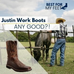 a cowboy sitting next to his horse wearing a pair of Justin work boots