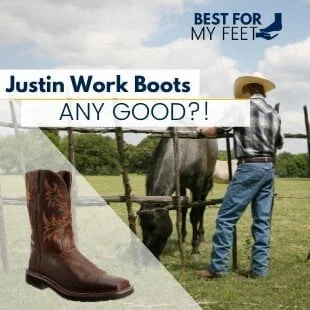 a cowboy sitting next to his horse wearing a pair of Justin work boots