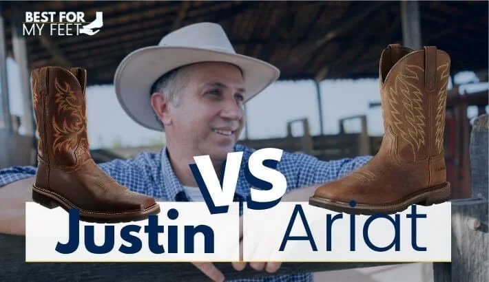 a cowboy looking at two pair of work boots from ariat and justin