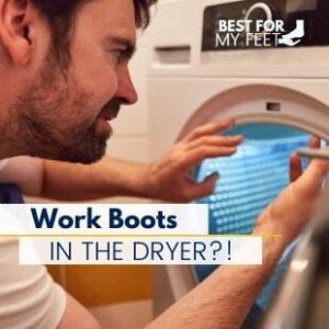 a man in front of the tumble dryer thinking if he should dry his work boots in the dryer or not