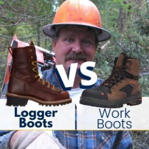 a logging worker and a pair of logger boots and another pair of normal work boots