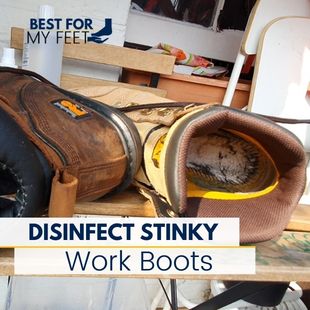 a pair of stinky safety work boots that are going to be disinfected by myself using rubbing alcohol trying to kill all the bacteria and fungus living inside.