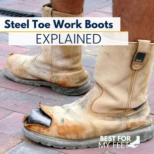 a construction worker wearing a pair of steel toe work boots explaining what's the point of the steel toe work boots and how they work.