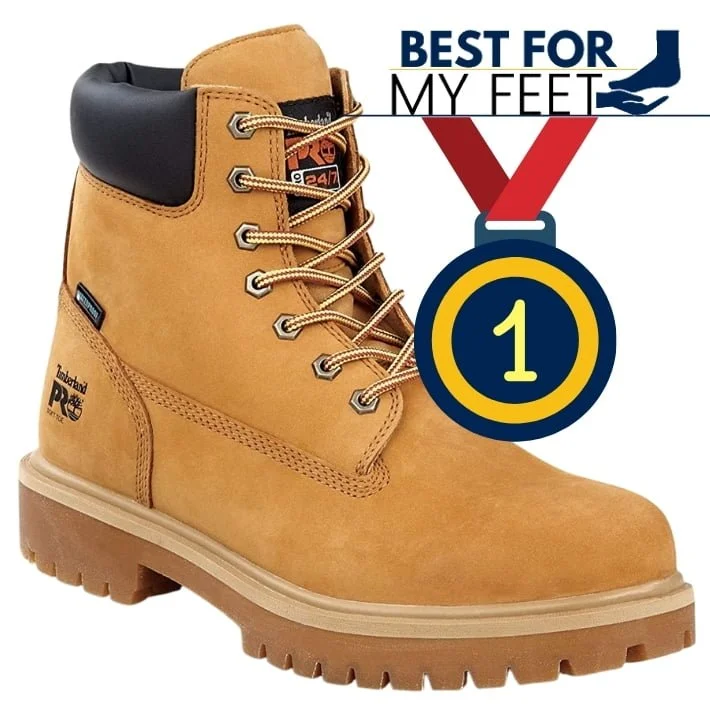 a yellow work boot from timberland pro with an anti slippery sole