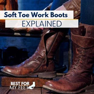 A worker putting on a pair of soft toe work boots.