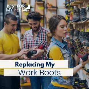 a lady and two men looking at new work boots so they can replace their old work boots.