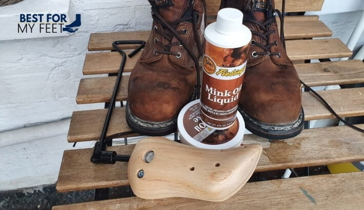 a home made kit to stretch steel toe work boots made of mink oil and a boot stretcher