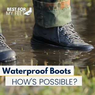 a person going through a deep puddle of water wearing a pair of waterproof work boots.