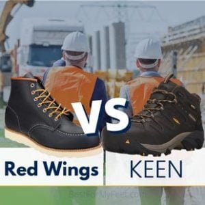 two pair of work boots. one boot from the brand called Red Wing and another boot from another footwear brand called KEEN. They are being compared in this article.