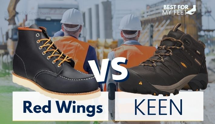 two pairs of work boots. one boot from the brand called Red Wing and another boot from another footwear brand called KEEN. They are being compared in this article.