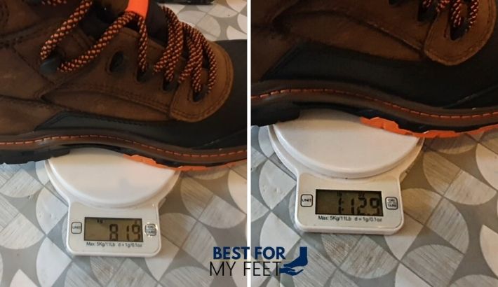 this is how much wolverine overpass 6-inch work boots weigh. it's about 820 grams or 1 pound and 129 oz.