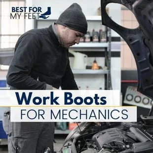 a mechanic doing some repairs on a vehicle and two rectangles with some text inside. The text says: "work boots for mechanics".