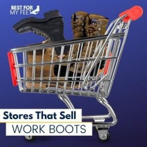 a shopping cart full with work boots.