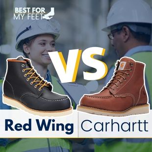 a red wing work boot and a carhartt work boot being compared to each other
