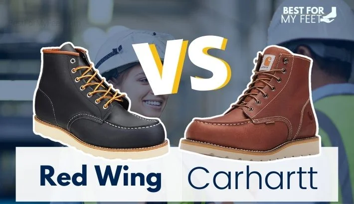 a Red Wing work boot and a Carhartt work boot being compared to each other