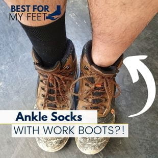 myself wearing a pair of crew work socks and one ankle sock with my work boots