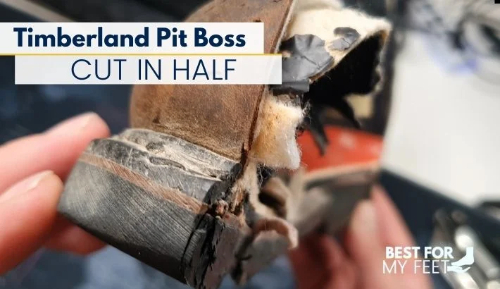 cutting in half my Timberland pit boss steel toe cap boots to see what's inside and how are they made.