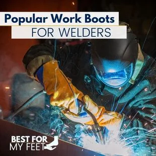 a person welding two pieces of metal together whilst wearing protective gear such as welding helmet, gloves and welding boots.