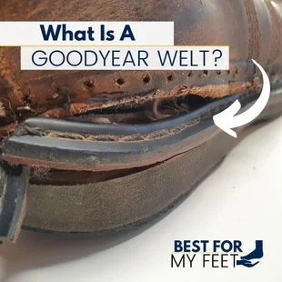 a boot that has been deconstructed showing the upper, the outsole and the Goodyear welt used to keep the two toggether.