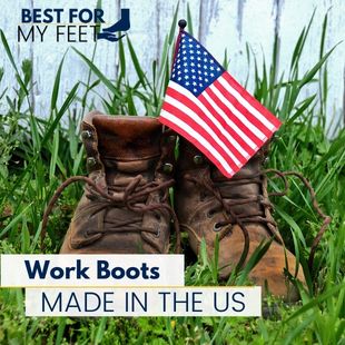 a pair of old work boots and an American flag meaning that these work boots have been manufactured in the USA.