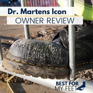 showing my dirty dr martens steel toe work boots as I'm reviewing them for this article.