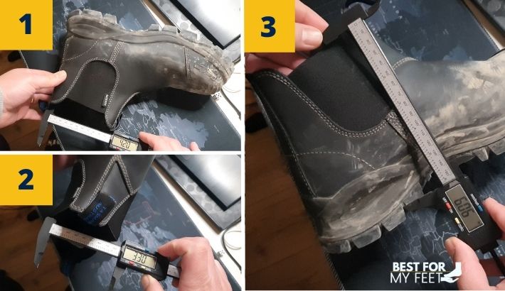 3 different images in which I show how wide and tall the shaft of the Blundstone BL990 steel toe work boot is.